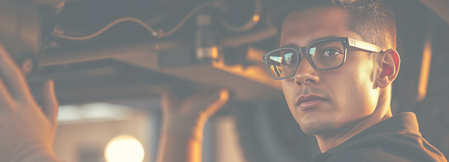 Automotive technician wearing smart glasses inspecting the underside of a vehicle in a repair shop.