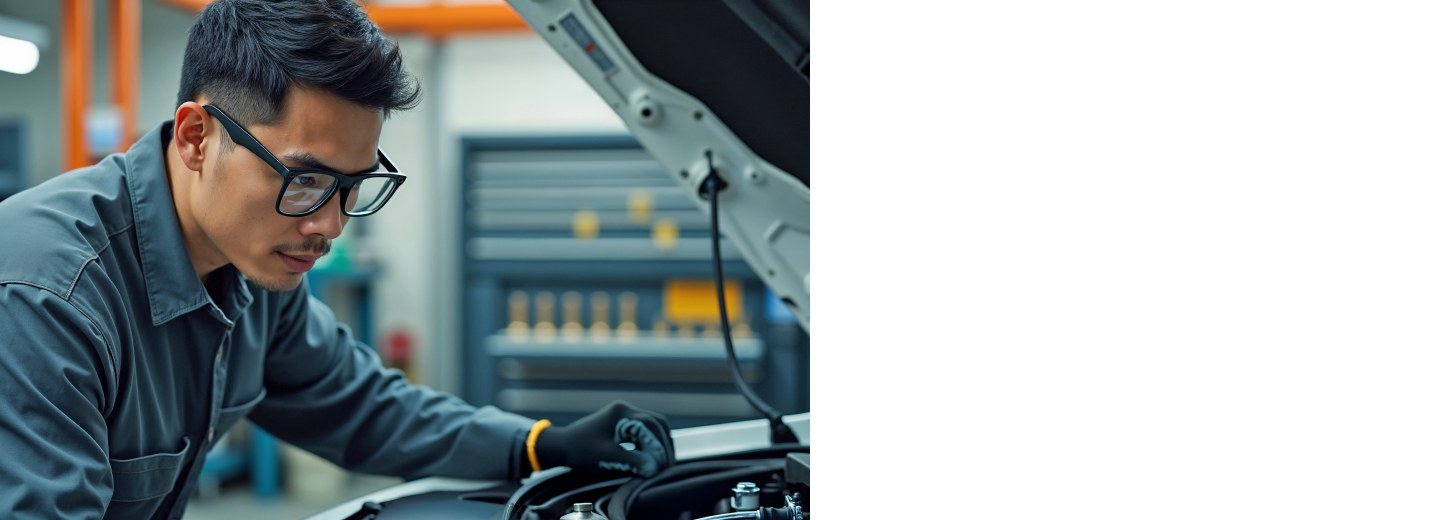 Automotive technician wearing smart glasses and gloves inspecting a vehicle engine in a repair shop.