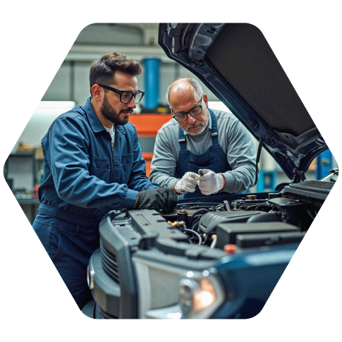Two automotive technicians inspecting a vehicle engine together in a repair shop.