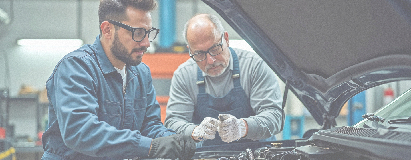 Two automotive technicians inspecting a vehicle engine together in a repair shop.